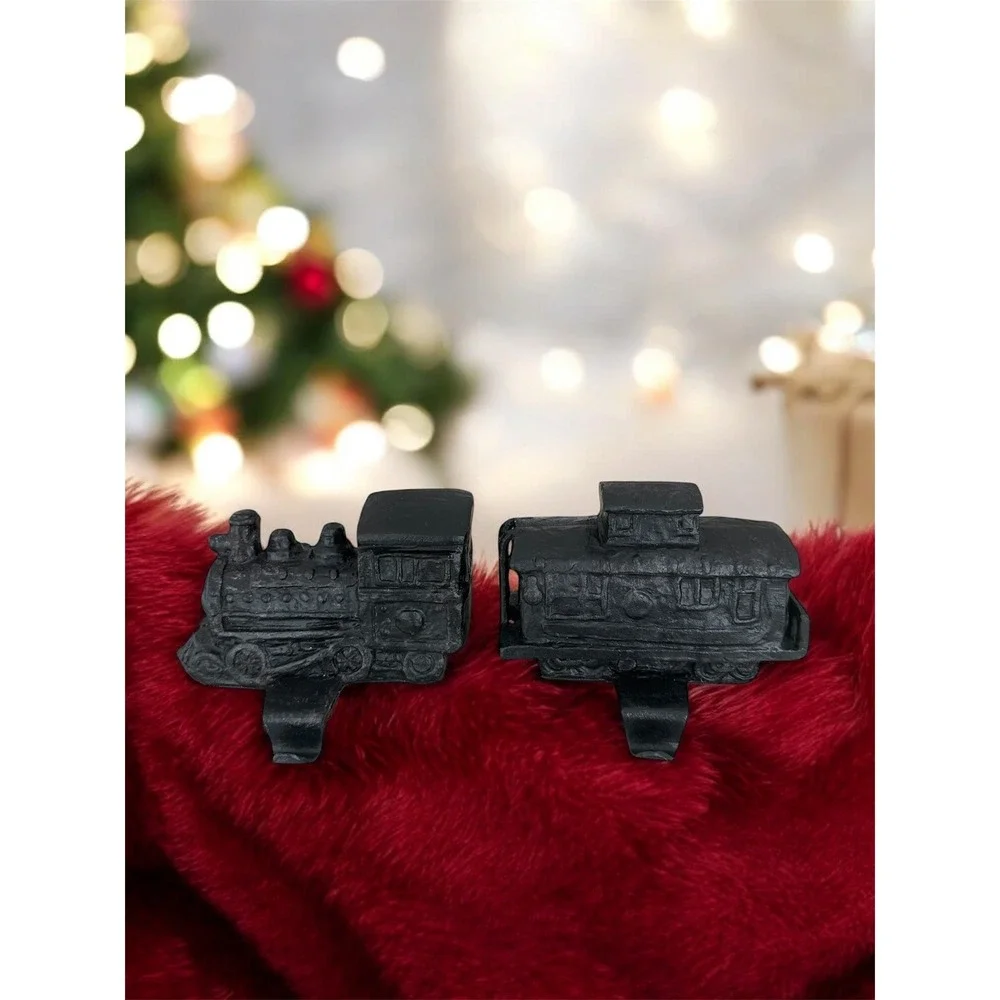 Rustic Black Cast Metal Train Stocking Holders Heavy Duty Set Of 2